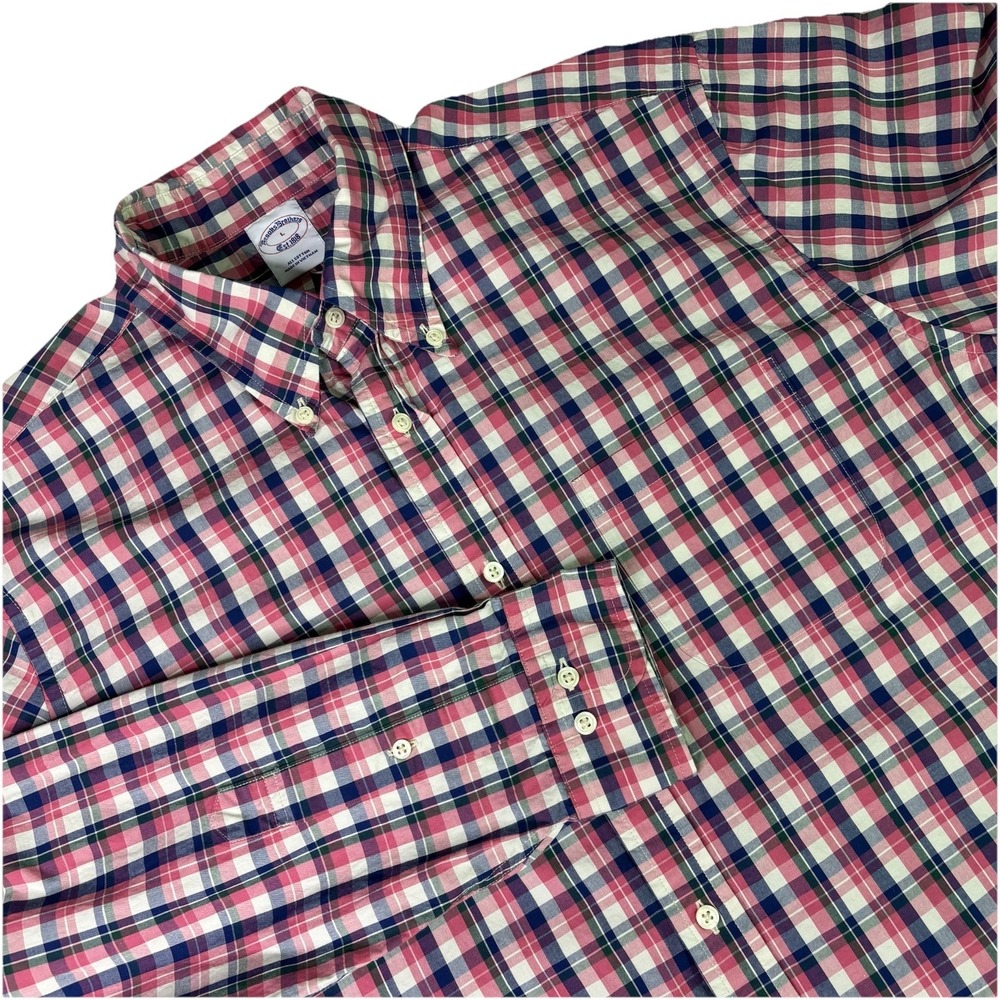 Brooks Brothers Men Large Regent Red/Blue Plaid Dress Casual Button Down Shirt